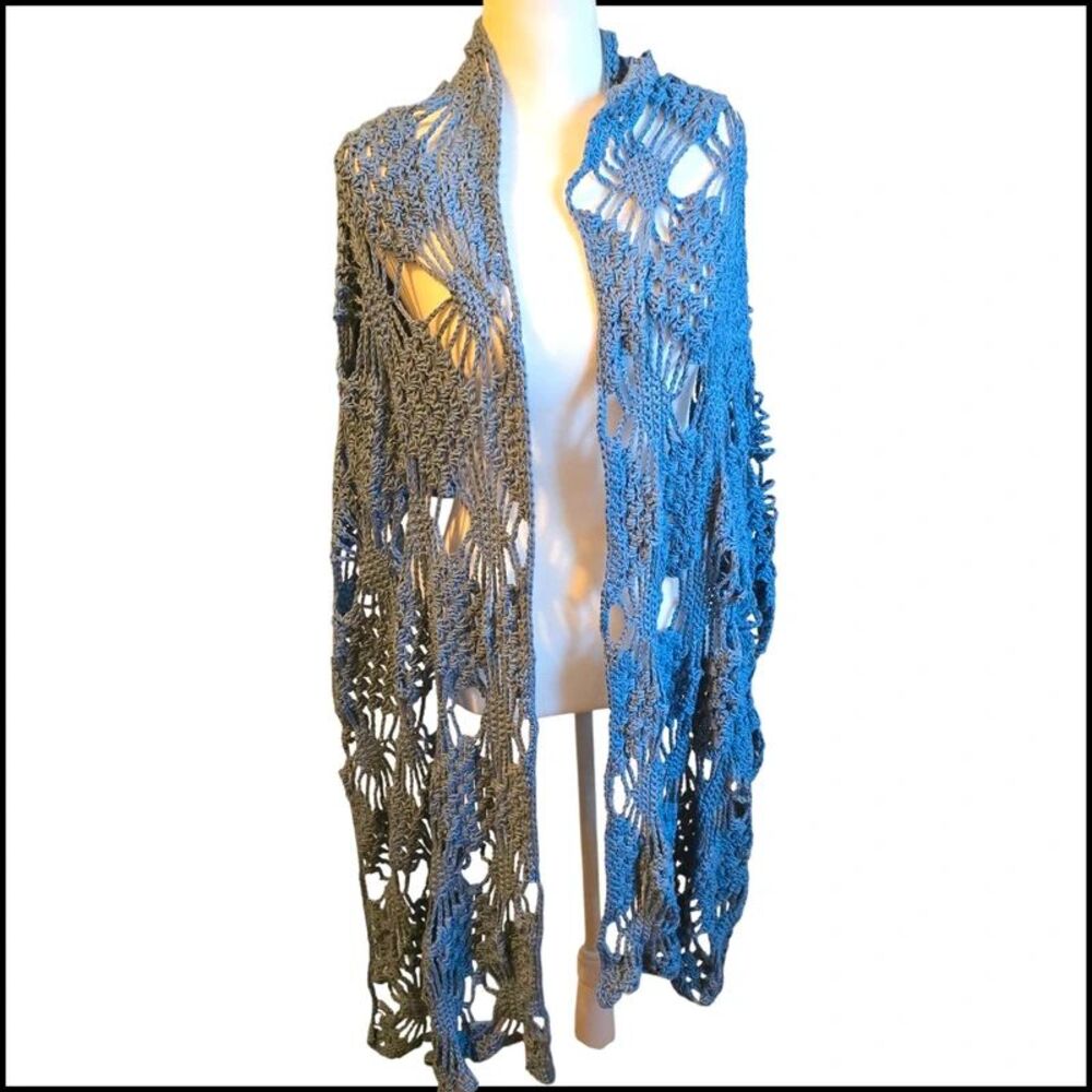 Hand-Crocheted Slate Blue Convertible Spiderweb Motif Wrap & Shawl